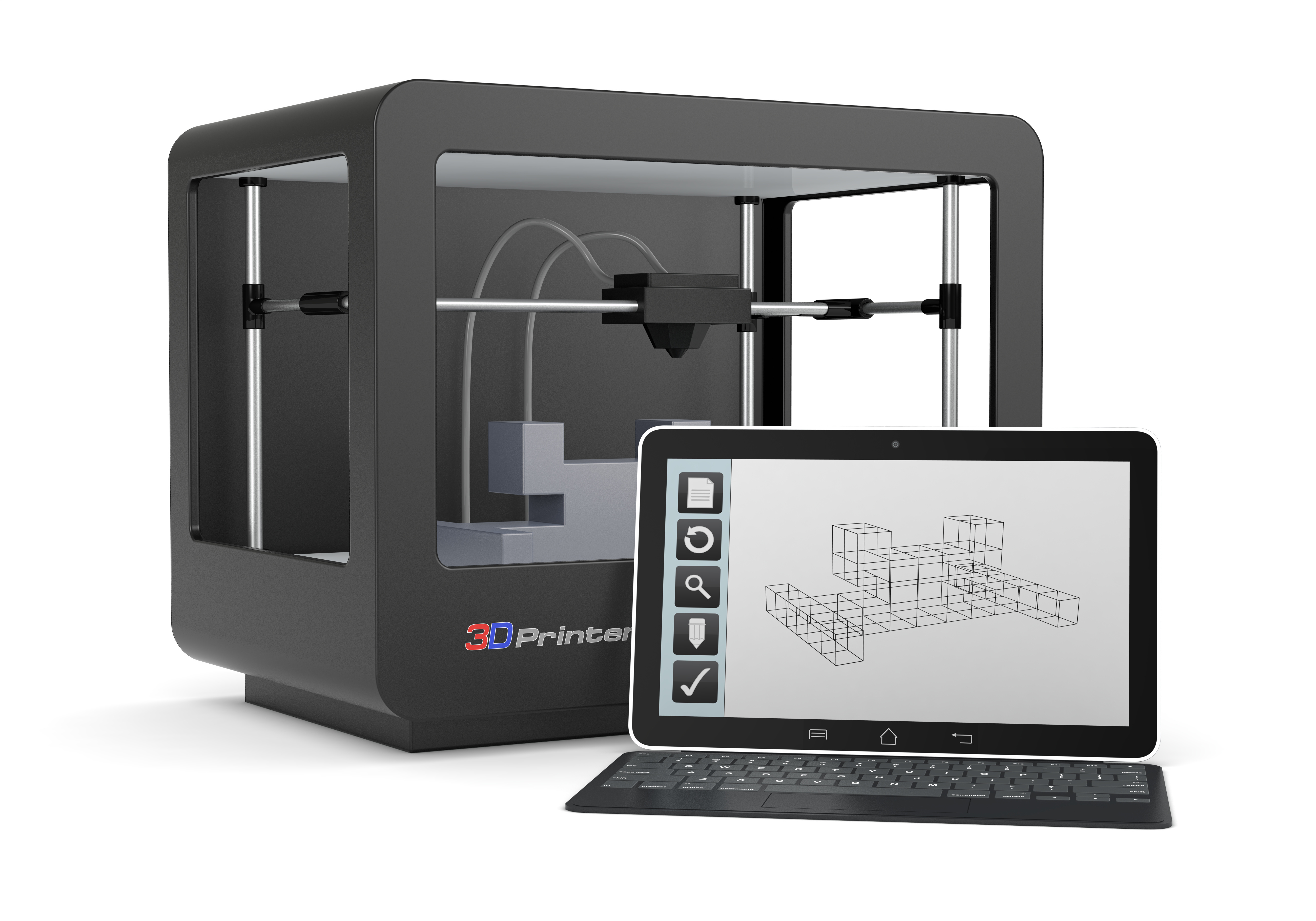 one 3d printer with a computer and a cad software (render)